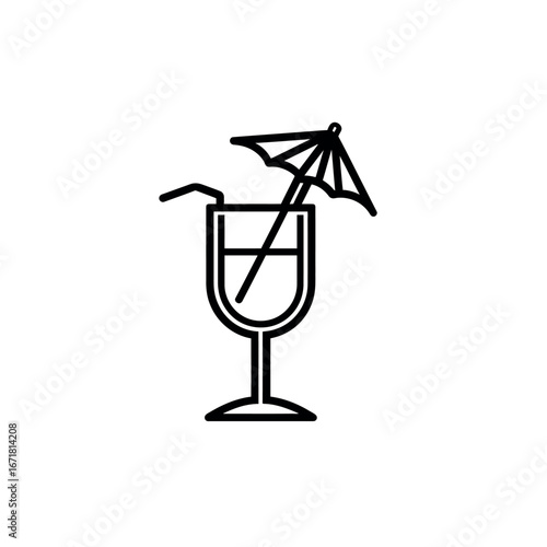 Illustration of a cocktail glass with a straw and a small umbrella decoration in black outline style