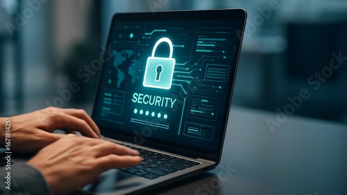 Patient data privacy security concept with glowing lock icon laptop screen highlights protection, confidentiality, and technology