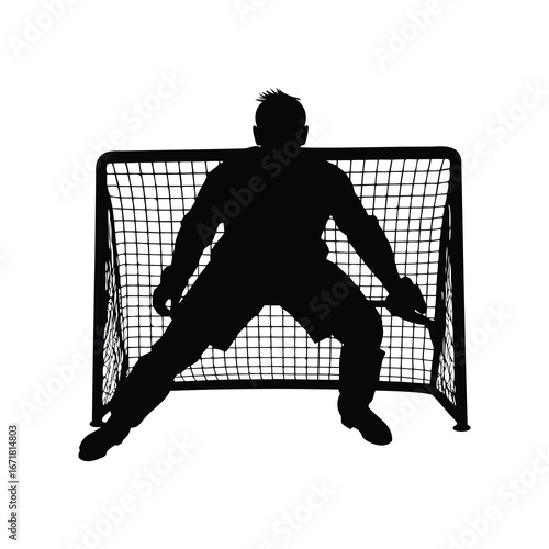 Hockey goalie silhouette stands vigilant in front of the net on alert, player defending goal silhouette vector illustration
