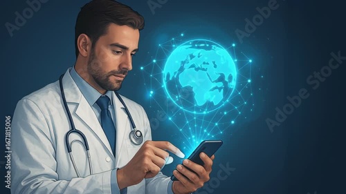 Doctor Using Smartphone for Patient Data Privacy Modern Healthcare Technology, Digital Globe Background, Privacy Focused Concept