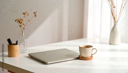 Serene minimalist workspace: laptop, coffee, natural light