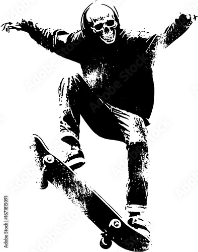 Grunge black and white illustration of skeleton skater - urban street art theme