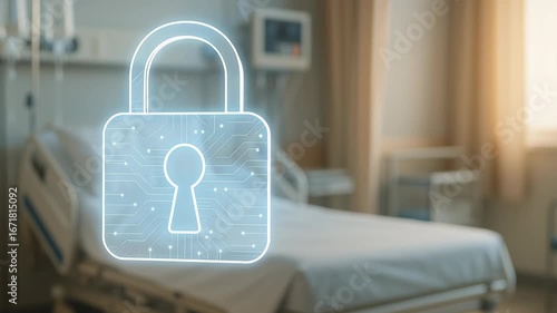 Patient data privacy protection hospital room with secure technology, digital lock symbolizing confidential healthcare