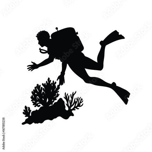 Silhouette of a scuba diver exploring a coral reef in the ocean, scuba diver exploring coral reef silhouette vector illustration
