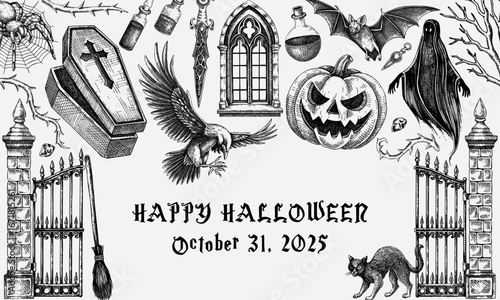 Vampire party invitation design. Halloween hand drawn vector illustration. Gothic background. NOT AI generated