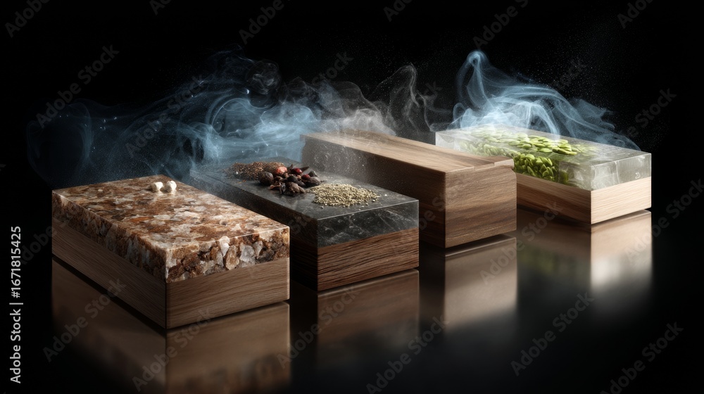 Fototapeta premium Boxes styled photography lifestyle herbs inspiration balance harmony decorative composition cultural aesthetics creativity modern artistic storage aromatic design
