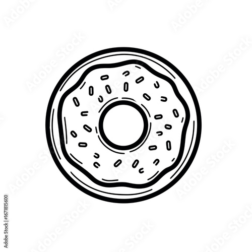 Illustration of a donut with sprinkles and a hole in the center on a white background design art