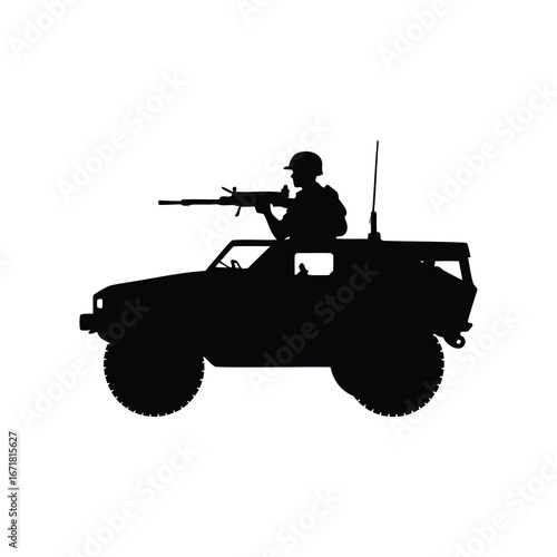 Soldier on patrol aiming a rifle from a military vehicle silhouette, soldier in military vehicle silhouette vector illustration