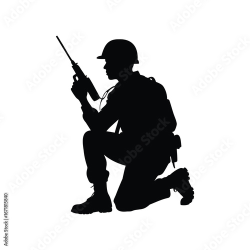 Silhouette of a Kneeling Soldier Aiming a Rifle, Ready for Combat, soldier with walkie talkie silhouette vector illustration