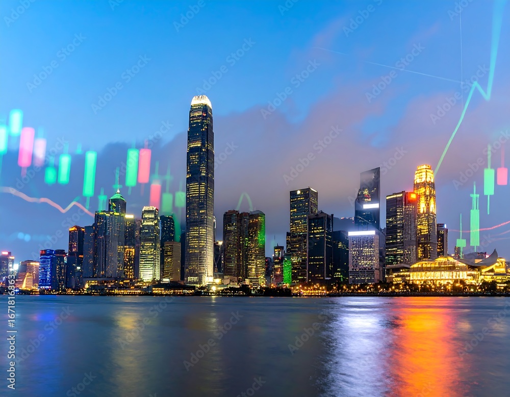 Fototapeta premium City skyline at dusk with financial data overlay