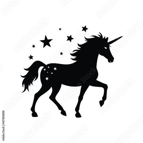 Elegant Unicorn Silhouette with Celestial Starry Sky Body and Magical Aura, unicorn with stars silhouette vector illustration