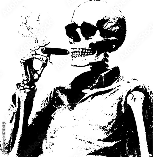 Grunge black and white skeleton with cigar design for urban art