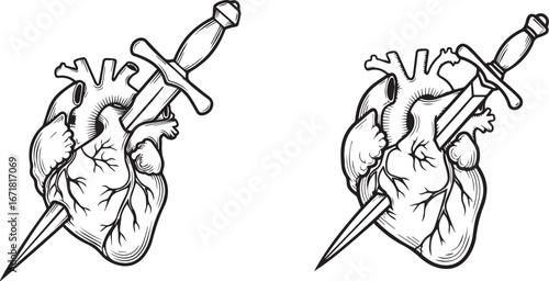 Minimalist black and white heart & dagger icon set – hand-drawn anatomical hearts pierced by blades, symbolizing pain, betrayal, and emotional intensity.