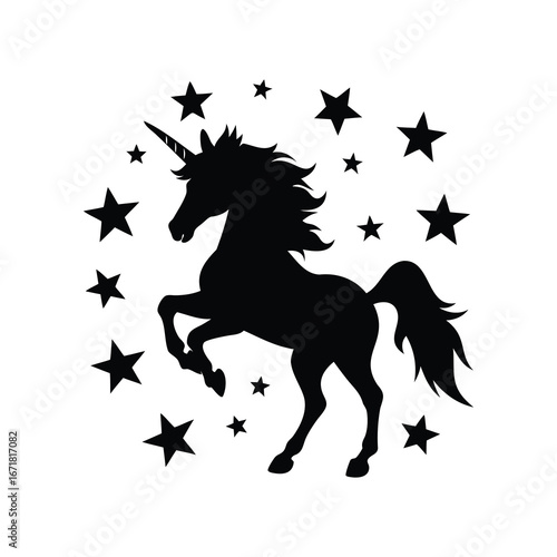 Majestic Unicorn Silhouette Surrounded by Sparkling Stars on a White Background, unicorn surrounded by stars silhouette vector illustration