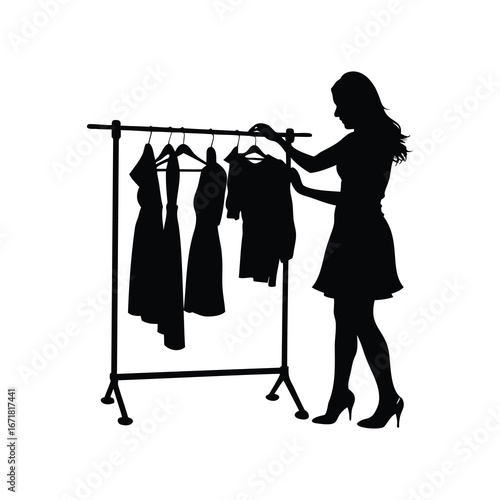 Silhouette of a woman choosing clothes from a rack in a store, woman browsing clothes rack silhouette vector illustration