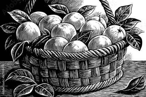 Wicker basket with juicy oranges surrounded by leaves, citrus decorative style, refreshing natural composition, black and white sketch