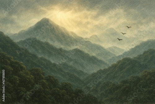 Dark, scary mountain, rainforest, invisible, dangerous, mysterious beast, imaginative drawing, colored pencil drawing, vector art.