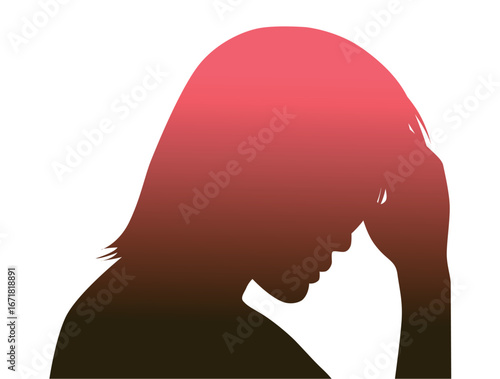 おでこに手を当てて悩む男性の右向き横顔シルエット_赤グラデーション