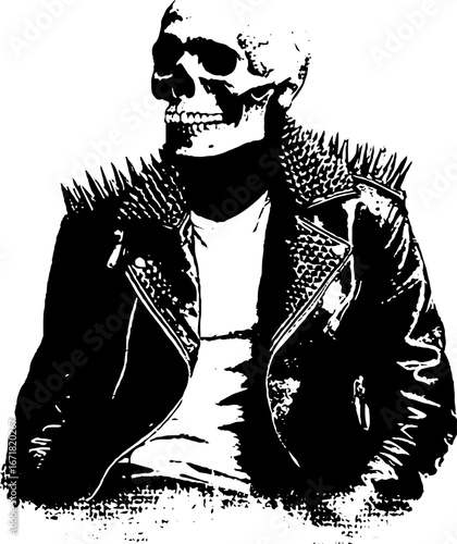 Edgy grunge skeleton in leather jacket with spiked collar for urban design and prints
