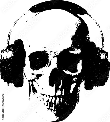 Grunge black and white skeleton with headphones for urban art design