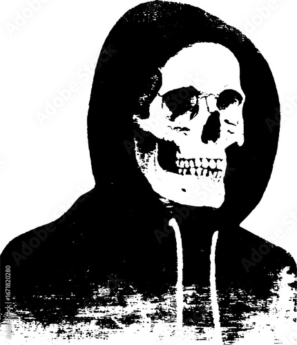 Grunge black and white skeleton illustration in hoodie - urban spooky design