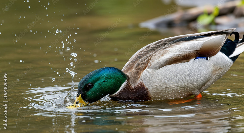 Obraz premium Mallard Duck Drinking Water with Droplets Splashing in Canadian River