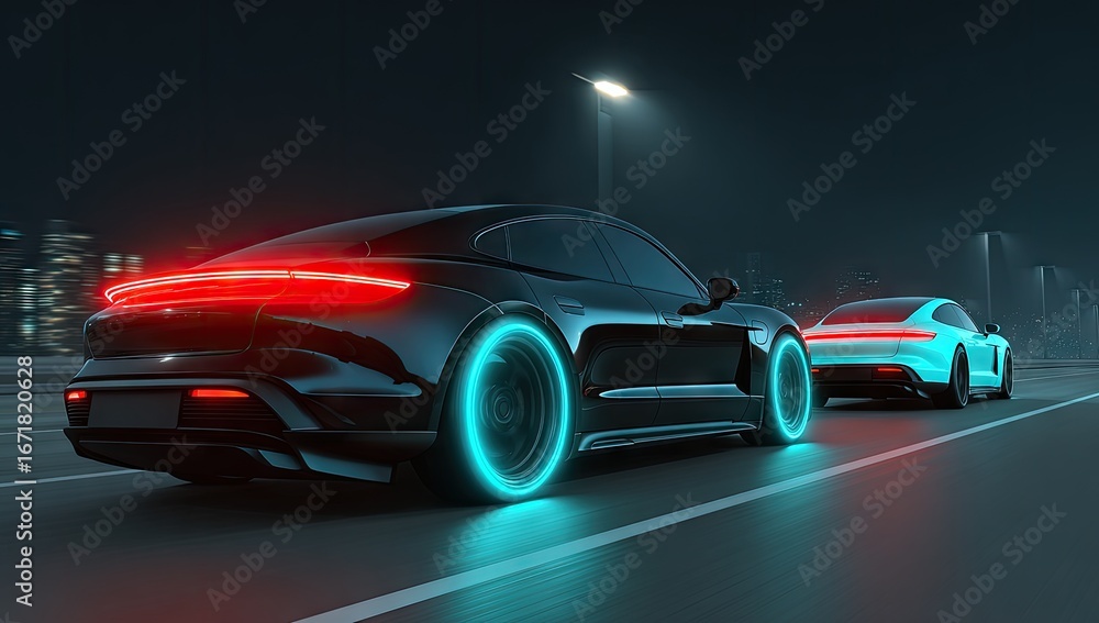 Obraz premium Futuristic electric vehicles on a city street at night.