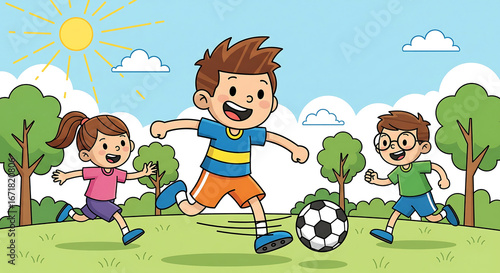 Three happy children playing soccer in a park on a sunny day