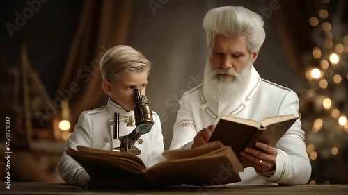 3 An instructive grandfather shows coin collecting to his 6 year old grandson in a study with albums open loupes examining and stories of origins shared rendered in a historical