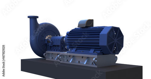 Close up of motor and pump assembly used in power transmission, pump alignment, and rotating equipment commonly found in factories, plants, and engineering facilities. 