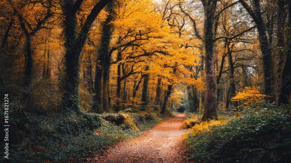Fototapeta premium Serene Autumn Pathway Through Majestic Forest with Golden Leaves and Tranquil Atmosphere for Nature Lovers and Adventurers
