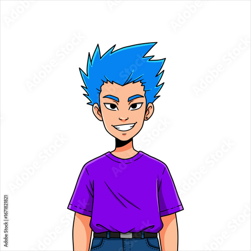Vibrant cartoon illustration of a cheerful young man with spiky blue hair and a friendly smile, embodying youthful energy and modern style