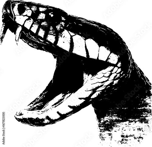 Fierce black and white snake head illustration with grunge texture for bold design