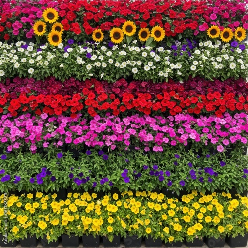 Colorful petunia and sunflower flowerbed arrangement display