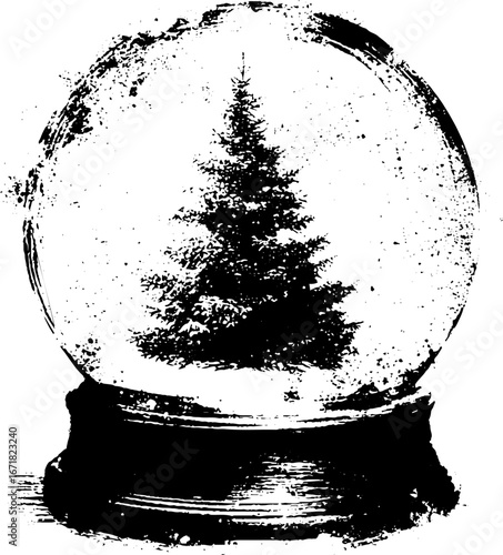 Vintage grunge black and white snow globe illustration featuring pine tree