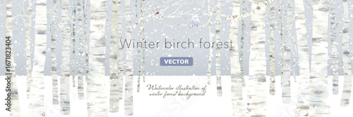 雪降るシラカバの森の背景。水彩イラスト。（ベクター。レイアウト変更可能）