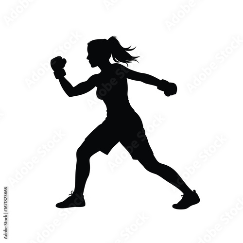 Female boxer silhouette in action, sportswoman wearing boxing gloves, training hard, a woman punching silhouette vector illustration