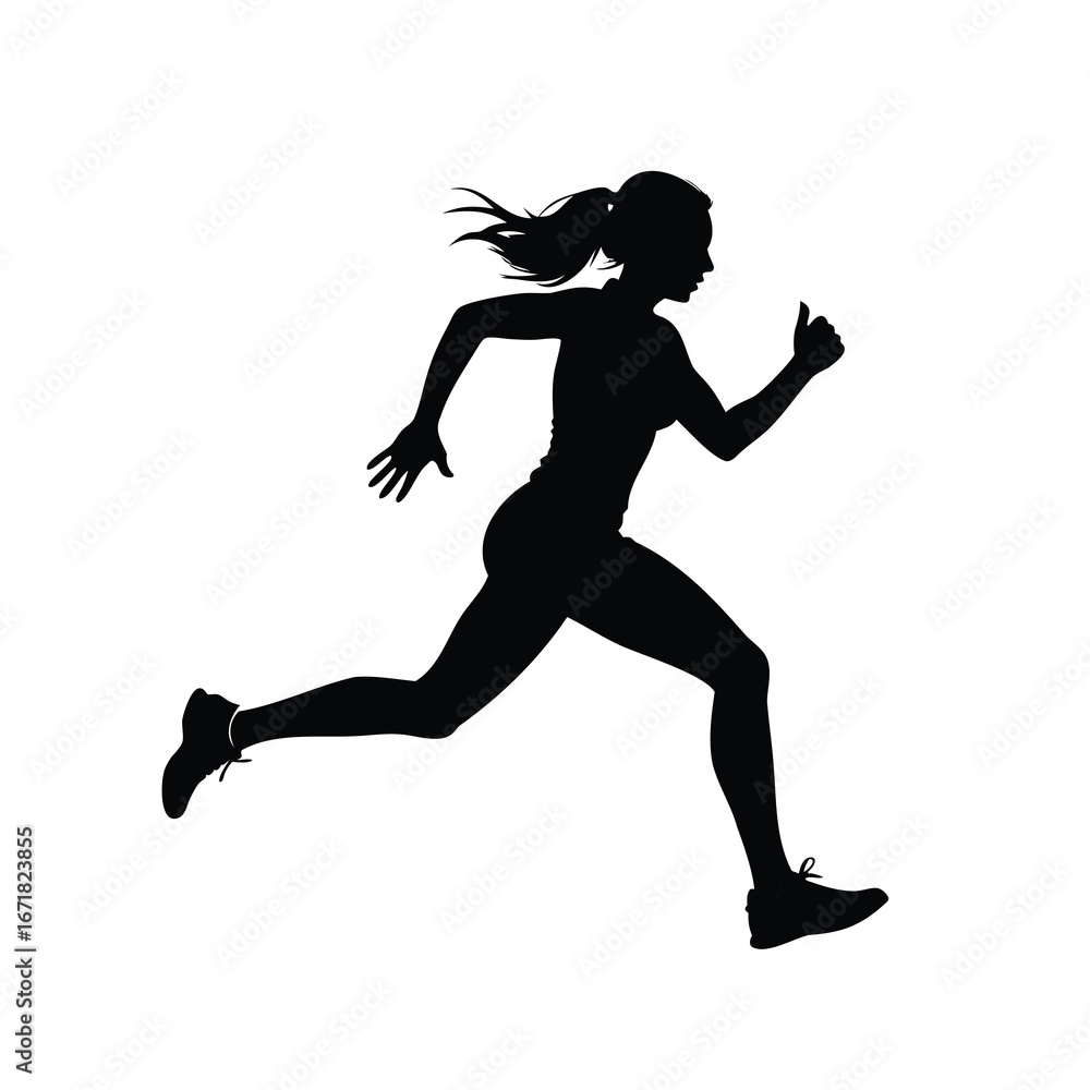 Obraz premium Silhouette of a woman running with her ponytail flowing, giving a thumbs up, a woman running on silhouette vector illustration