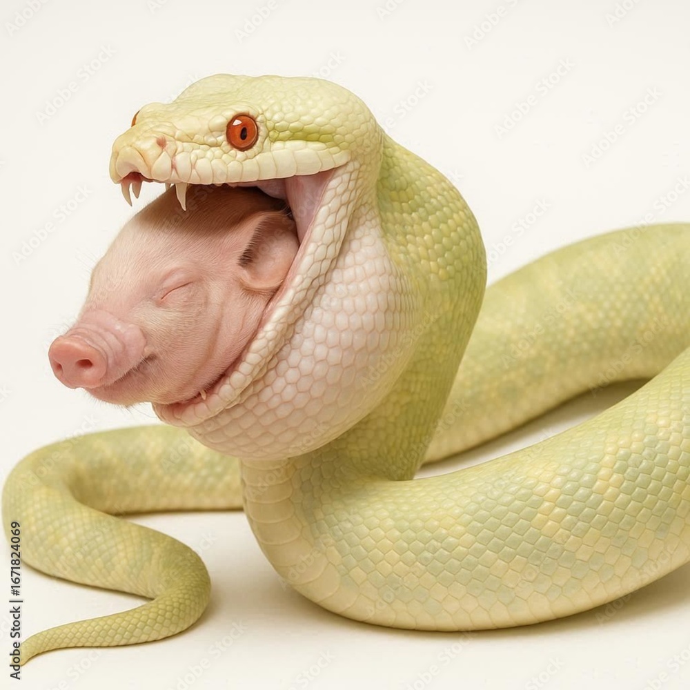 Fototapeta premium Snake swallowing food on white background