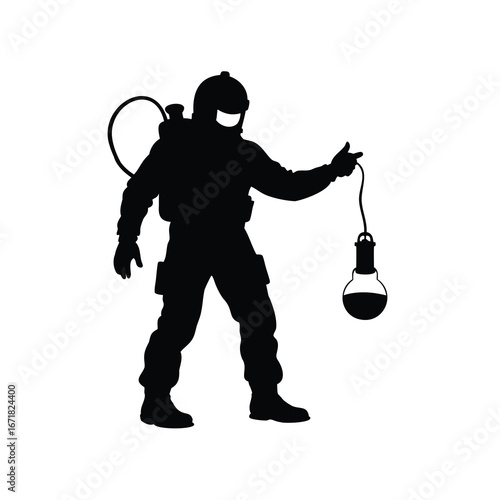 Silhouette of a scientist in full hazmat suit with liquid sample, astronaut conducting experiment silhouette vector illustration