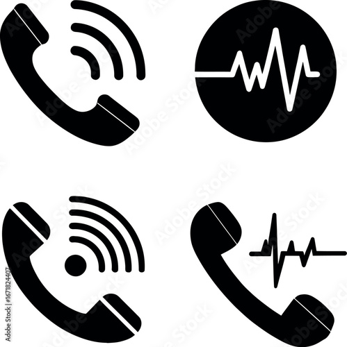 Set of four phone icons representing incoming calls and sound waves plus heartbeat vector