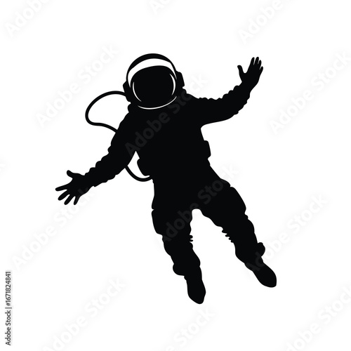 Black silhouette of a floating astronaut on a white isolated background, astronaut reaching out in space silhouette vector illustration