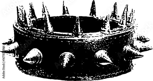 Grunge black and white art of spiked dog collar design for posters and cards