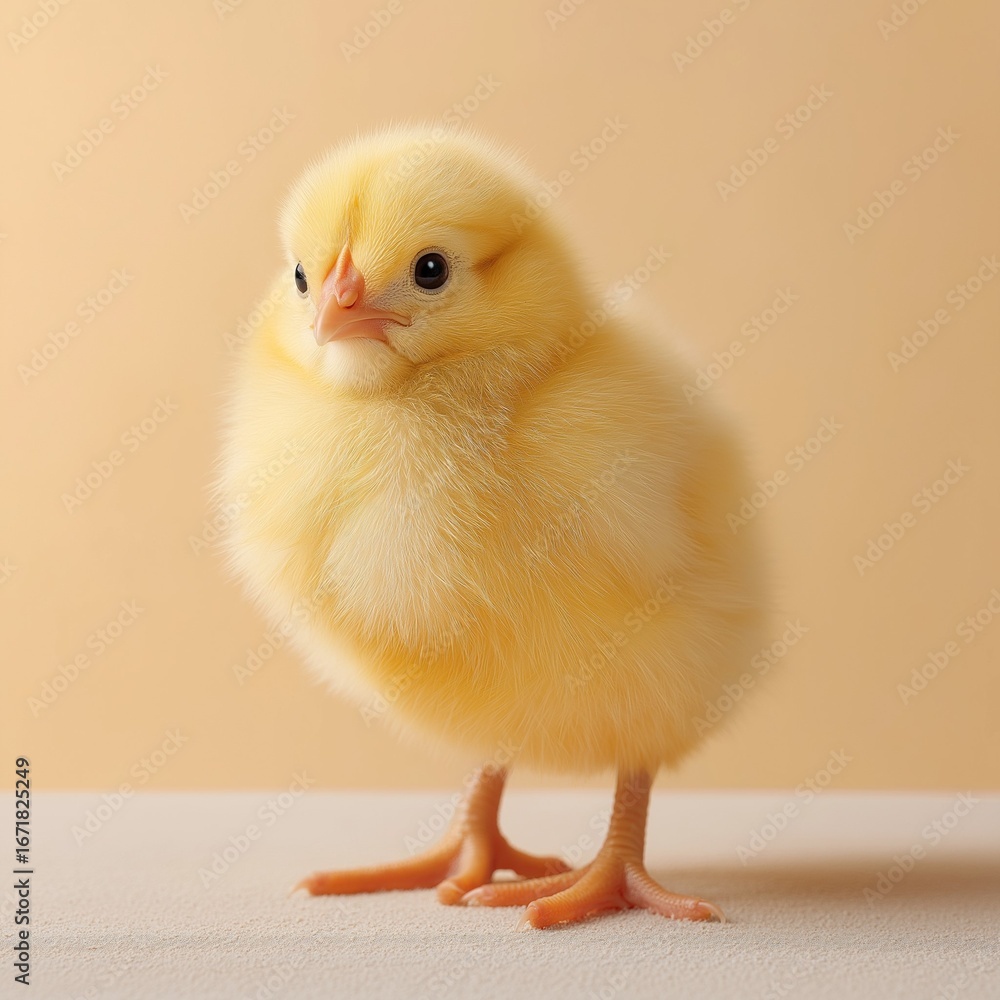 Fototapeta premium Adorable fluffy yellow baby chick standing on a pastel background, looking curious and innocent.