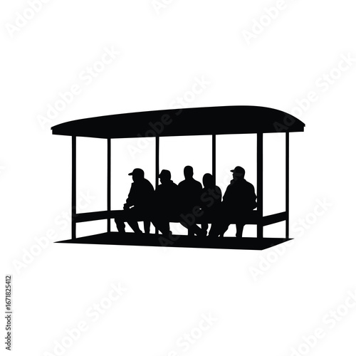 Photos Silhouette image of people sitting under a shelter or bus stop area, baseball du