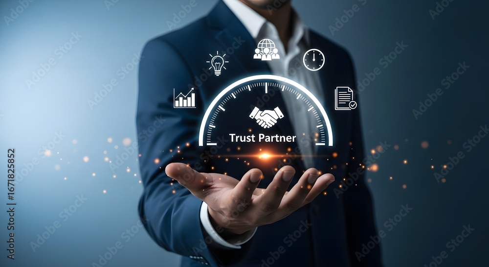 Fototapeta premium Trust partner concept business man showing trust partner with business growth and teamwork icons