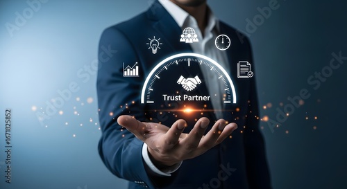 Trust partner concept business man showing trust partner with business growth and teamwork icons