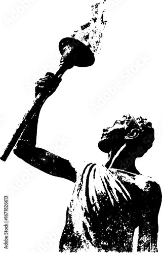 Grunge black and white silhouette of torch statue for urban art and design concepts