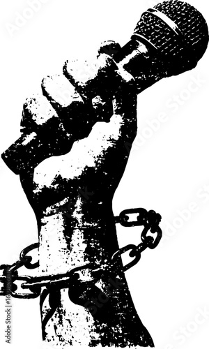 Empowerment through music: grunge black and white statue art with microphone and chains