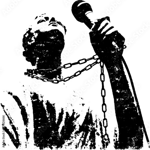 Bold grunge black and white statue illustration with chain and microphone